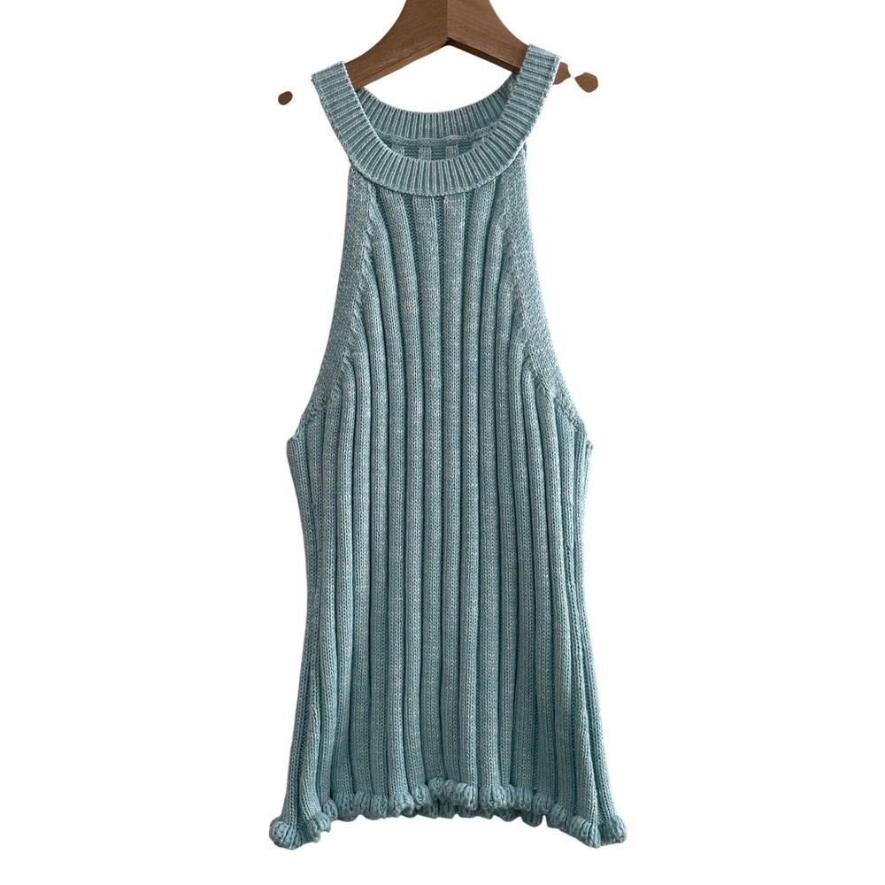 NWT Pilcro Anthropologie Ribbed Halter Knit Tank Top Light Blue Scallop Hem S - Picture 1 of 8